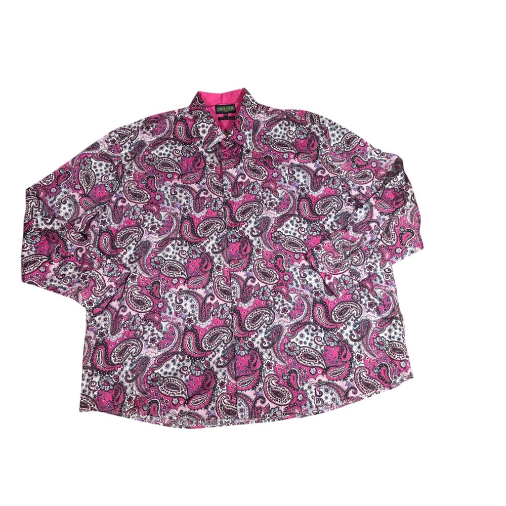 Inserch Icon Mens 6XL Pink Purple Paisley Satin Button Down Shirt Long Sleeve